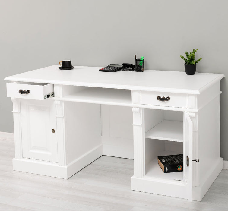 Schreibtisch aus Massivholz | Arbeitsplatz mit 2 Schubladen und 2 Türen