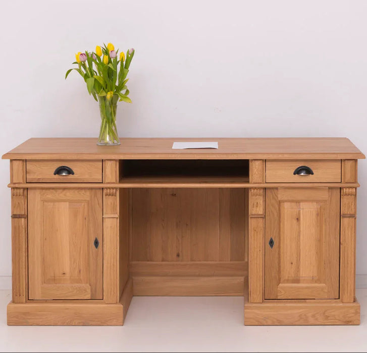 Schreibtisch aus massiver Eiche | Arbeitsplatz mit 2 Schubladen und 2 Türen