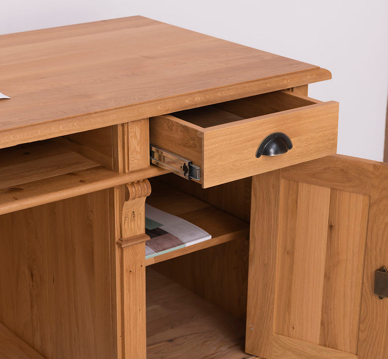 Schreibtisch aus massiver Eiche | Arbeitsplatz mit 2 Schubladen und 2 Türen