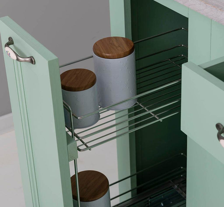 Sechsteilige Küchenzeile aus Massivholz mit Hängeschranken in Mint- Grün -