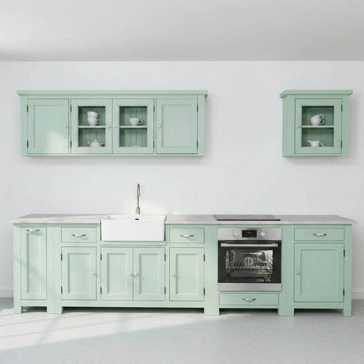 Sechsteilige Küchenzeile aus Massivholz mit Hängeschranken in Mint- Grün -