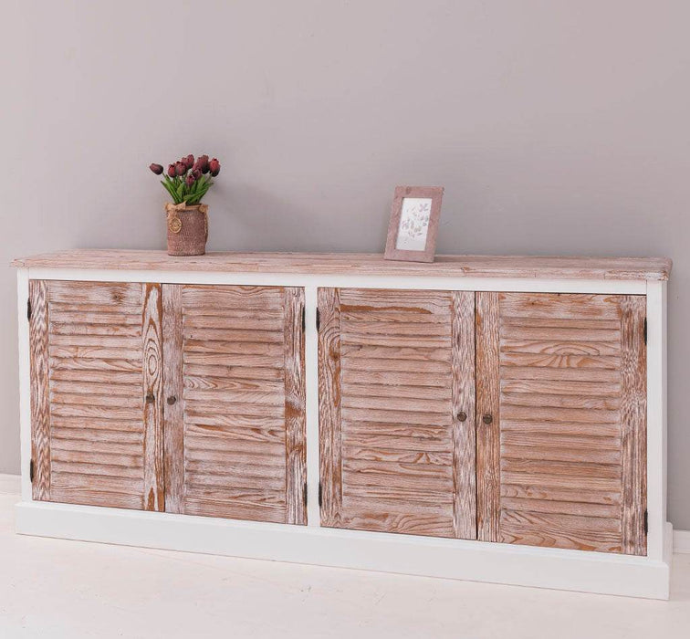 Sideboard aus Massivholz mit Lamellentüren | Kommode mit vier Türen und Knopfgriffen - Gebürstet