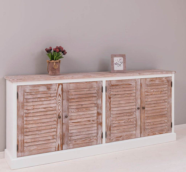 Sideboard aus Massivholz mit Lamellentüren | Kommode mit vier Türen und Knopfgriffen - Gebürstet