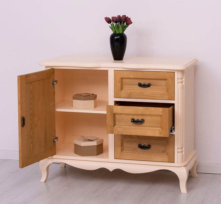 Sideboard aus Massivholz mit Tür und 3 Schubladen | Kommode mit geschwungenen Füßen | Barock - Vintage Weiß