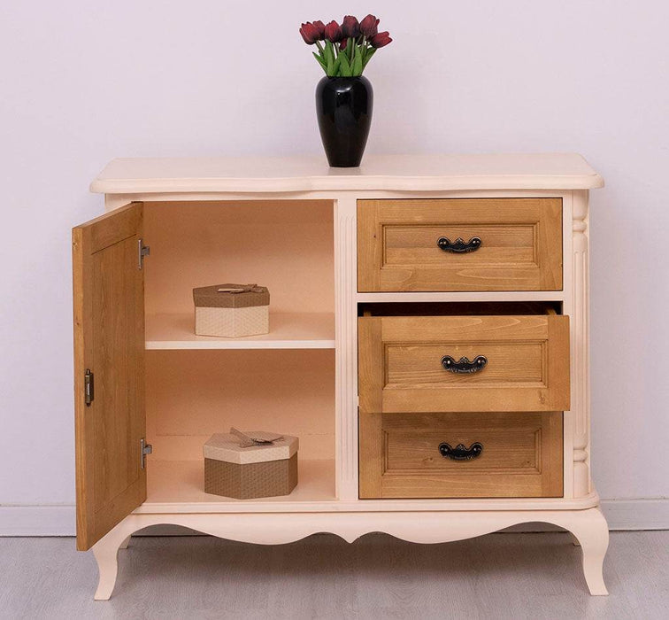 Sideboard aus Massivholz mit Tür und 3 Schubladen | Kommode mit geschwungenen Füßen | Barock - Vintage Weiß