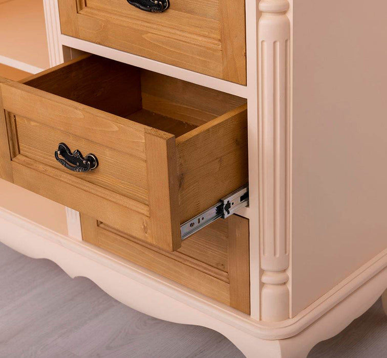 Sideboard aus Massivholz mit Tür und 3 Schubladen | Kommode mit geschwungenen Füßen | Barock - Vintage Weiß