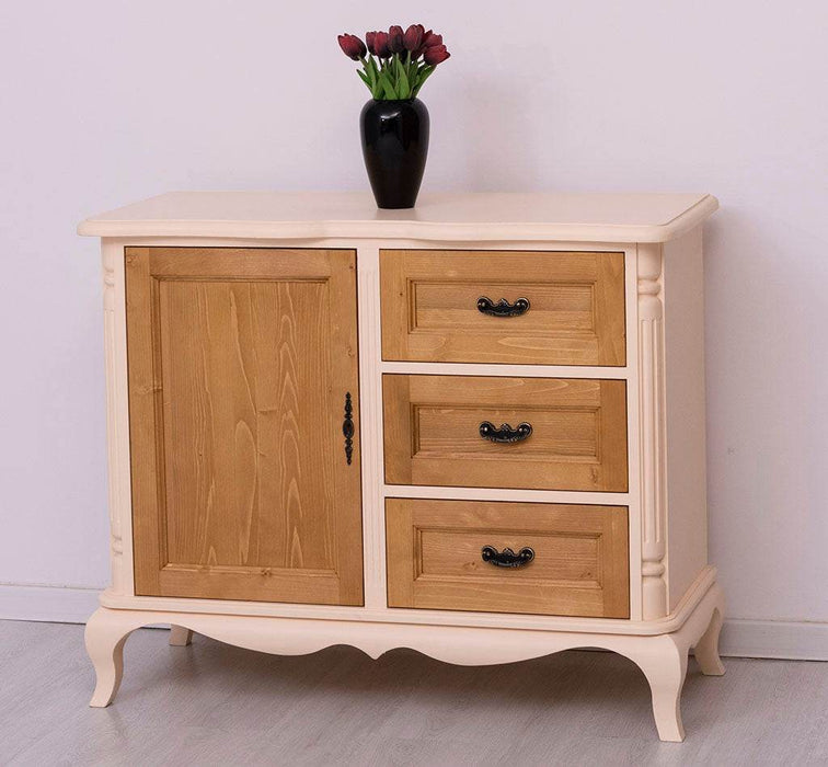 Sideboard aus Massivholz mit Tür und 3 Schubladen | Kommode mit geschwungenen Füßen | Barock - Vintage Weiß