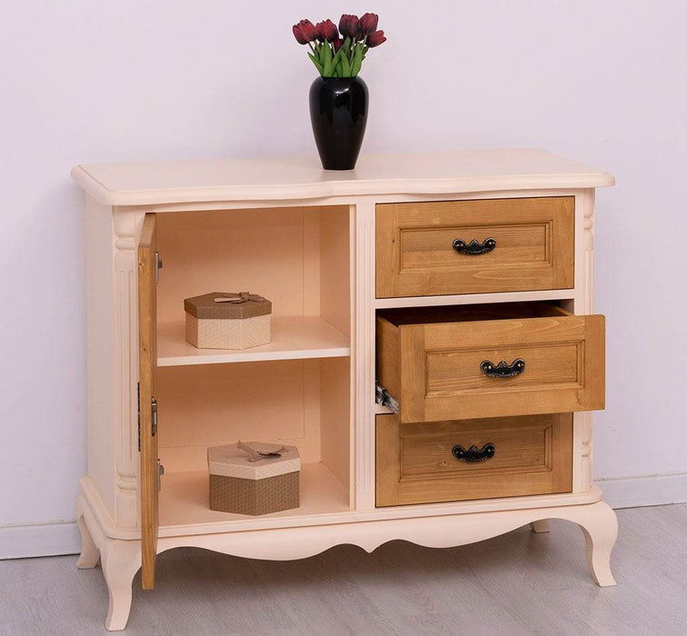 Sideboard aus Massivholz mit Tür und 3 Schubladen | Kommode mit geschwungenen Füßen | Barock - Vintage Weiß