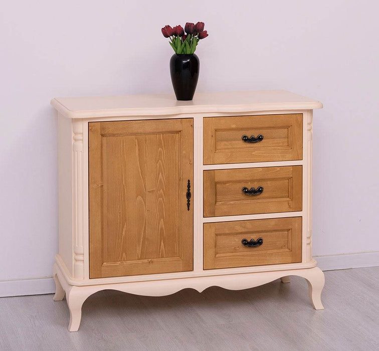 Sideboard aus Massivholz mit Tür und 3 Schubladen | Kommode mit geschwungenen Füßen | Barock - Vintage Weiß