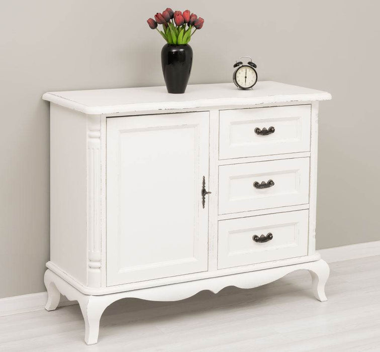 Sideboard aus Massivholz mit Tür und 3 Schubladen | Kommode mit geschwungenen Füßen | Barock - Vintage Weiß