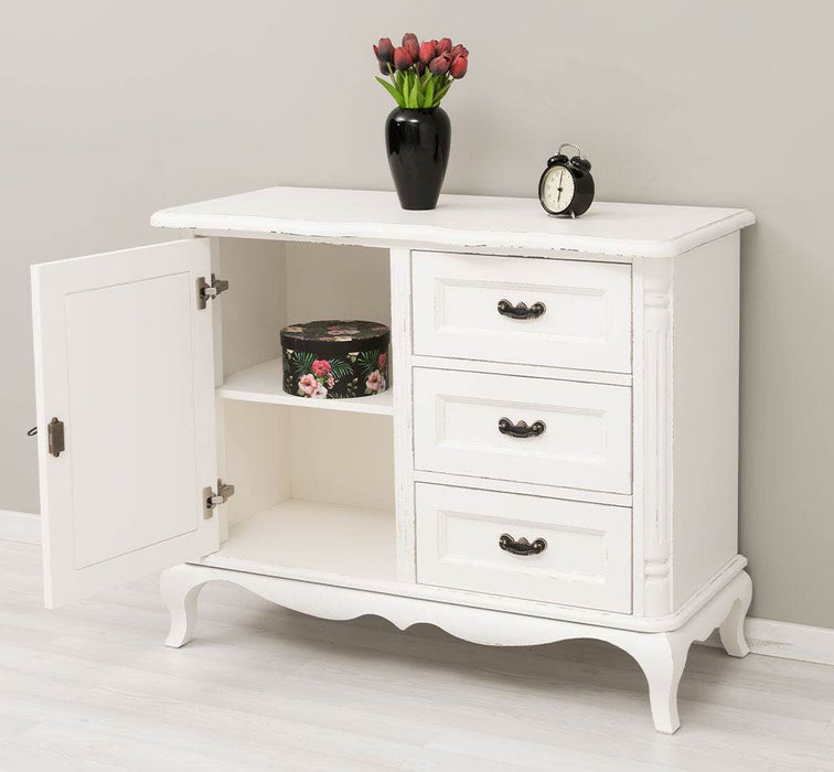 Sideboard aus Massivholz mit Tür und 3 Schubladen | Kommode mit geschwungenen Füßen | Barock - Vintage Weiß