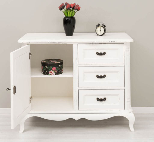 Sideboard aus Massivholz mit Tür und 3 Schubladen | Kommode mit geschwungenen Füßen | Barock - Vintage Weiß