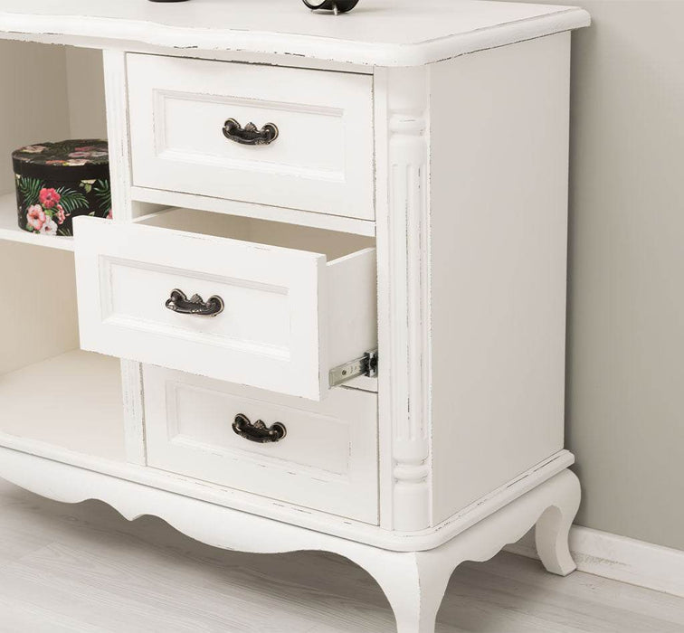 Sideboard aus Massivholz mit Tür und 3 Schubladen | Kommode mit geschwungenen Füßen | Barock - Vintage Weiß
