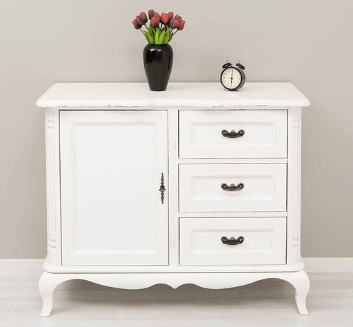 Sideboard aus Massivholz mit Tür und 3 Schubladen | Kommode mit geschwungenen Füßen | Barock - Vintage Weiß