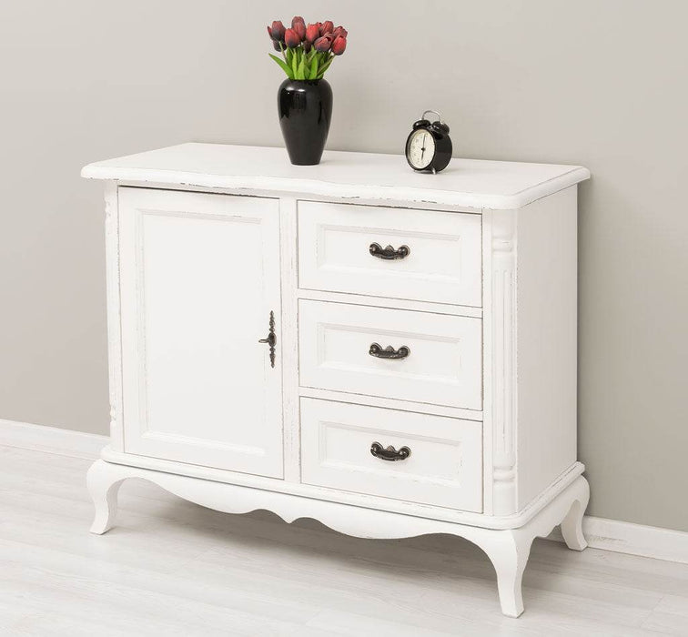 Sideboard aus Massivholz mit Tür und 3 Schubladen | Kommode mit geschwungenen Füßen | Barock - Vintage Weiß