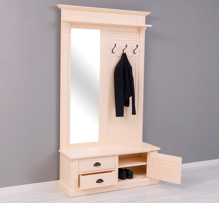 Spiegelgarderobe aus Massivholz mit Sitzfläche | 3 Haken | Schuhfächern und 2 Schubladen