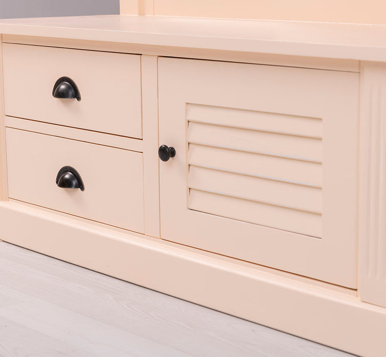 Spiegelgarderobe aus Massivholz mit Sitzfläche | 3 Haken | Schuhfächern und 2 Schubladen