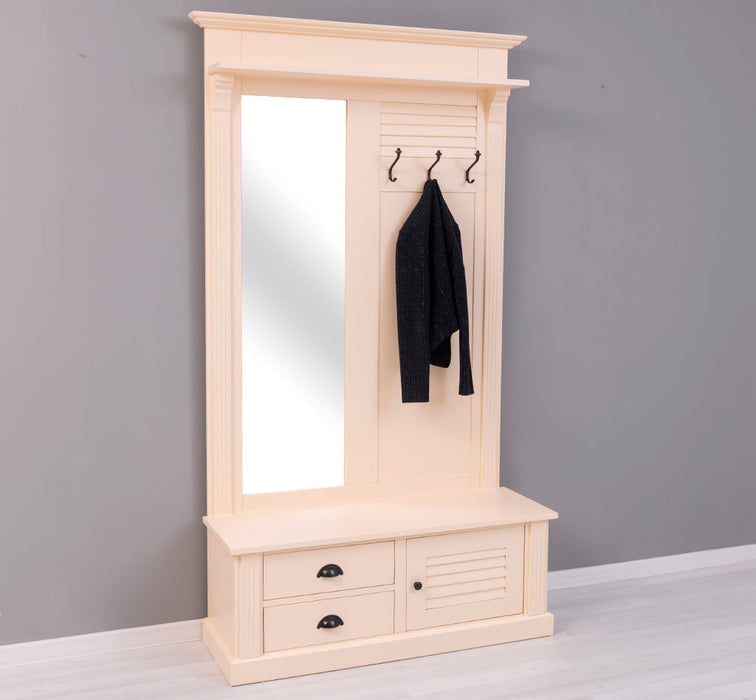 Spiegelgarderobe aus Massivholz mit Sitzfläche | 3 Haken | Schuhfächern und 2 Schubladen
