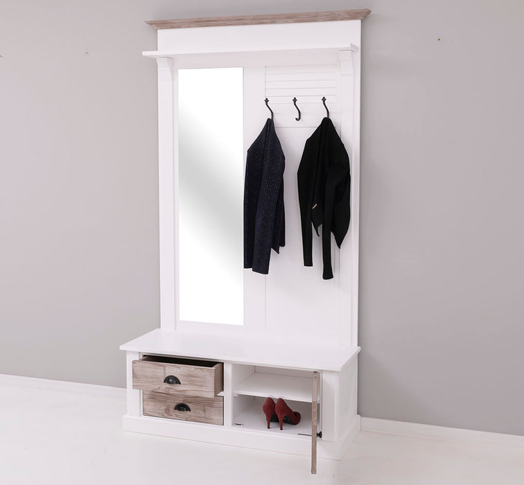 Spiegelgarderobe aus Massivholz mit Sitzfläche | 3 Haken | Schuhfächern und 2 Schubladen