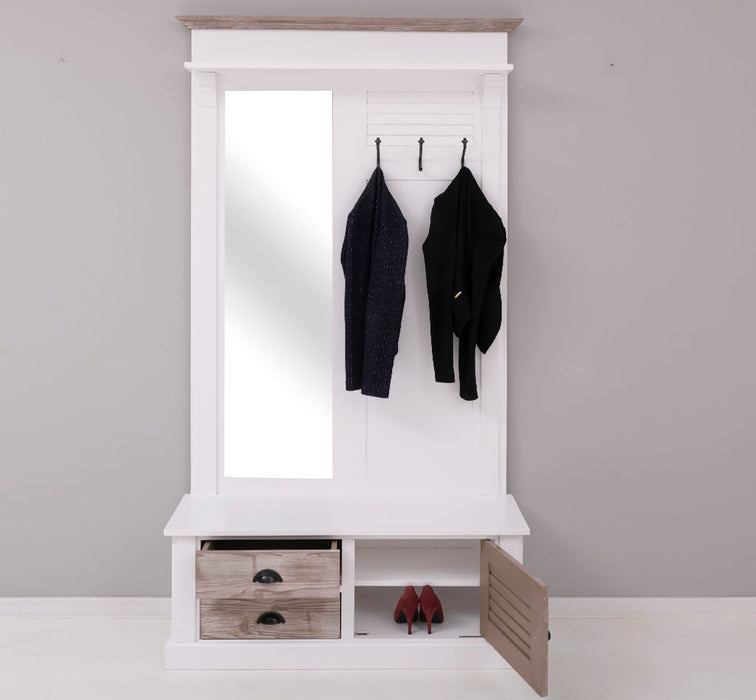 Spiegelgarderobe aus Massivholz mit Sitzfläche | 3 Haken | Schuhfächern und 2 Schubladen