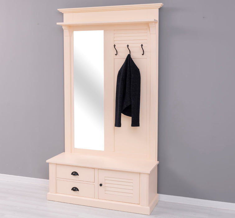 Spiegelgarderobe aus Massivholz mit Sitzfläche | 3 Haken | Schuhfächern und 2 Schubladen