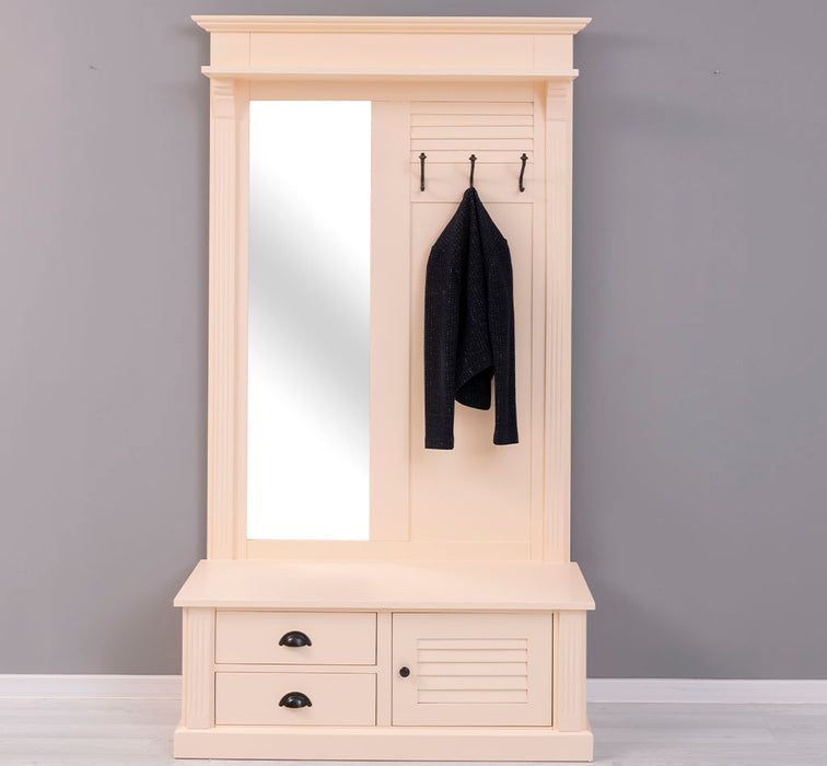 Spiegelgarderobe aus Massivholz mit Sitzfläche | 3 Haken | Schuhfächern und 2 Schubladen