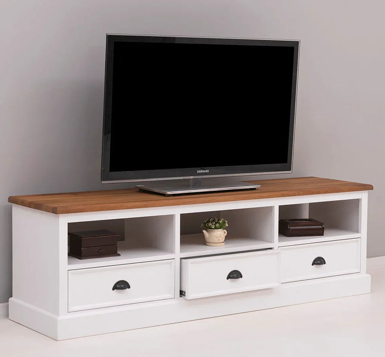 TV-Board aus Massivholz mit drei Schubladen | mit Eichenplatte