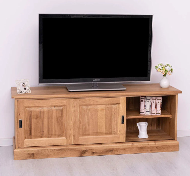 TV-Board aus massiver Eiche mit 2 Schiebetüren und Staufächern