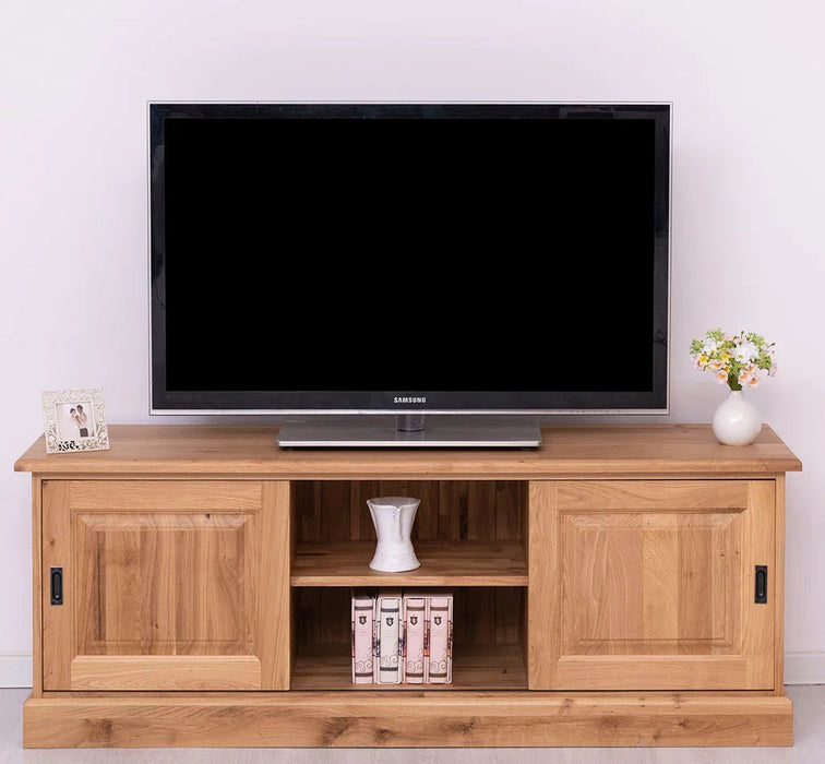 TV-Board aus massiver Eiche mit 2 Schiebetüren und Staufächern