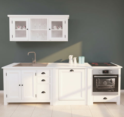 Vierteilige Küchenzeile aus Massivholz mit Hängeschrank in weiß -