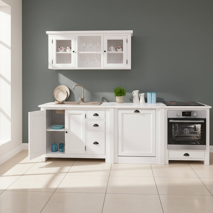 Vierteilige Küchenzeile aus Massivholz mit Hängeschrank in weiß -