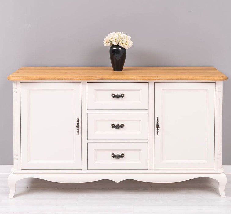 Vintage Sideboard aus Massivholz mit 2 Türen und 3 Schubladen | Kommode mit geschwungenen Füßen | Barock - Eiche - Creme