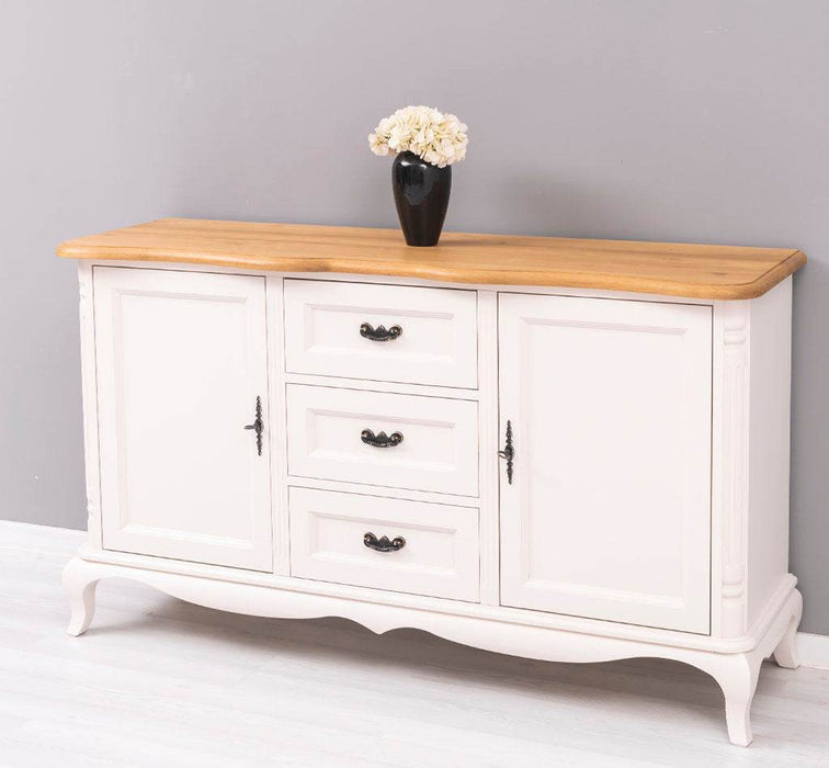 Vintage Sideboard aus Massivholz mit 2 Türen und 3 Schubladen | Kommode mit geschwungenen Füßen | Barock - Eiche - Creme