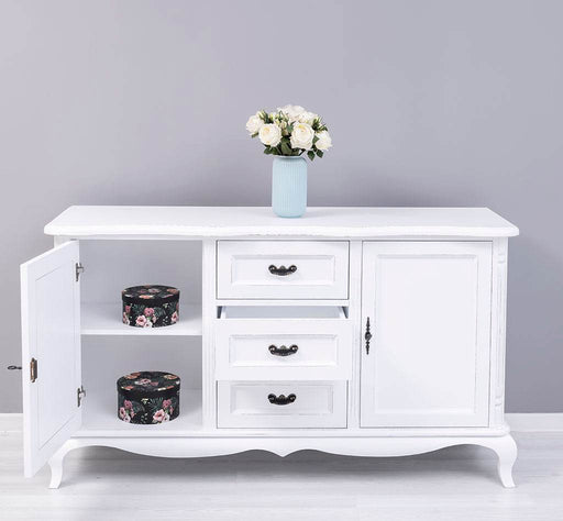 Sideboard aus Massivholz mit 2 Türen und 3 Schubladen | Barock Kommode mit geschwungenen Beinen - Vintage Weiß