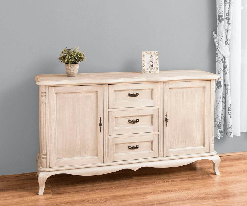 Sideboard aus Massivholz mit 2 Türen und 3 Schubladen | Barock Kommode mit geschwungenen Beinen - Vintage Weiß