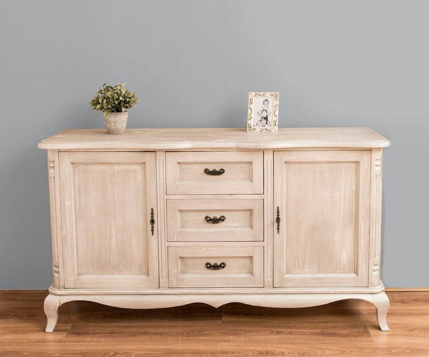 Sideboard aus Massivholz mit 2 Türen und 3 Schubladen | Barock Kommode mit geschwungenen Beinen - Gebürstet