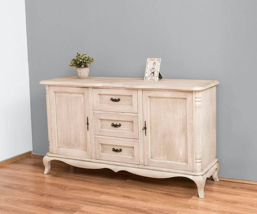 Sideboard aus Massivholz mit 2 Türen und 3 Schubladen | Barock Kommode mit geschwungenen Beinen - Vintage Weiß