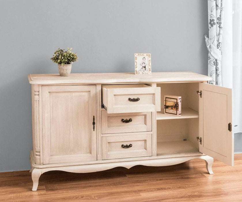 Sideboard aus Massivholz mit 2 Türen und 3 Schubladen | Barock Kommode mit geschwungenen Beinen - Vintage Weiß