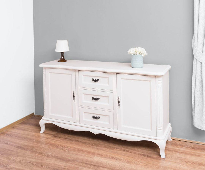 Sideboard aus Massivholz mit 2 Türen und 3 Schubladen | Barock Kommode mit geschwungenen Beinen - Vintage Weiß