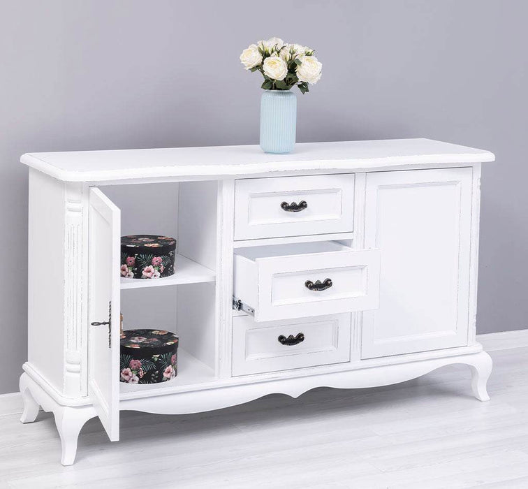 Sideboard aus Massivholz mit 2 Türen und 3 Schubladen | Barock Kommode mit geschwungenen Beinen - Vintage Weiß
