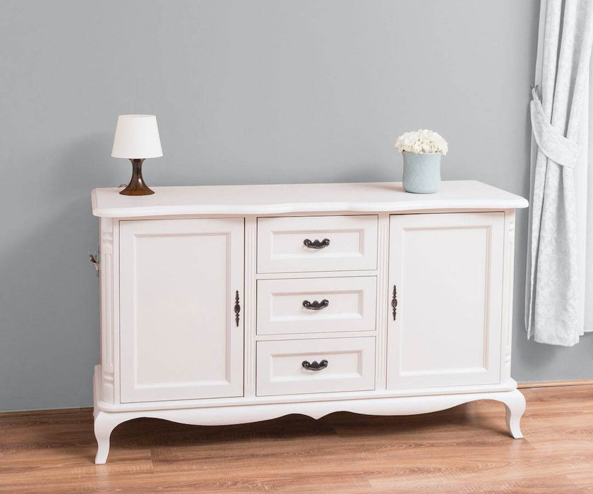 Sideboard aus Massivholz mit 2 Türen und 3 Schubladen | Barock Kommode mit geschwungenen Beinen - Vintage Weiß