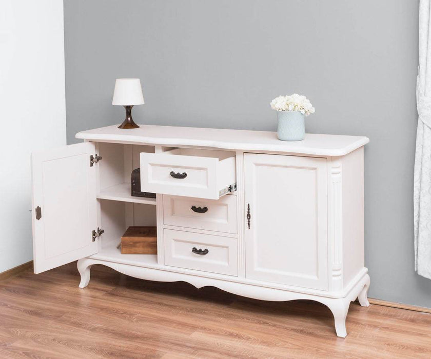 Sideboard aus Massivholz mit 2 Türen und 3 Schubladen | Barock Kommode mit geschwungenen Beinen - Vintage Weiß
