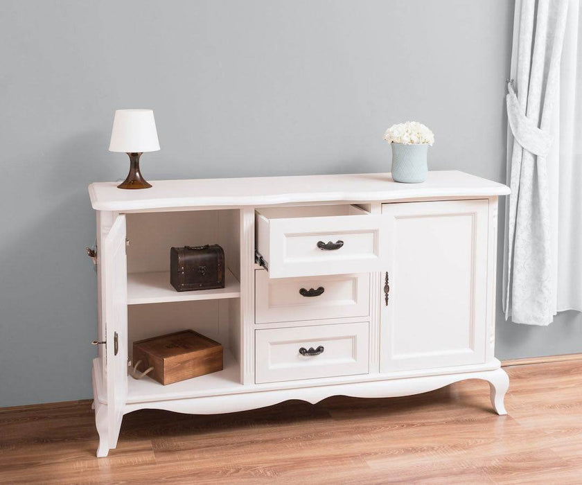 Sideboard aus Massivholz mit 2 Türen und 3 Schubladen | Barock Kommode mit geschwungenen Beinen - Vintage Weiß