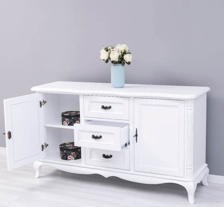 Sideboard aus Massivholz mit 2 Türen und 3 Schubladen | Barock Kommode mit geschwungenen Beinen - Vintage Weiß