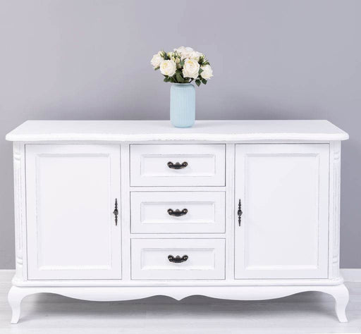 Sideboard aus Massivholz mit 2 Türen und 3 Schubladen | Barock Kommode mit geschwungenen Beinen - Vintage Weiß