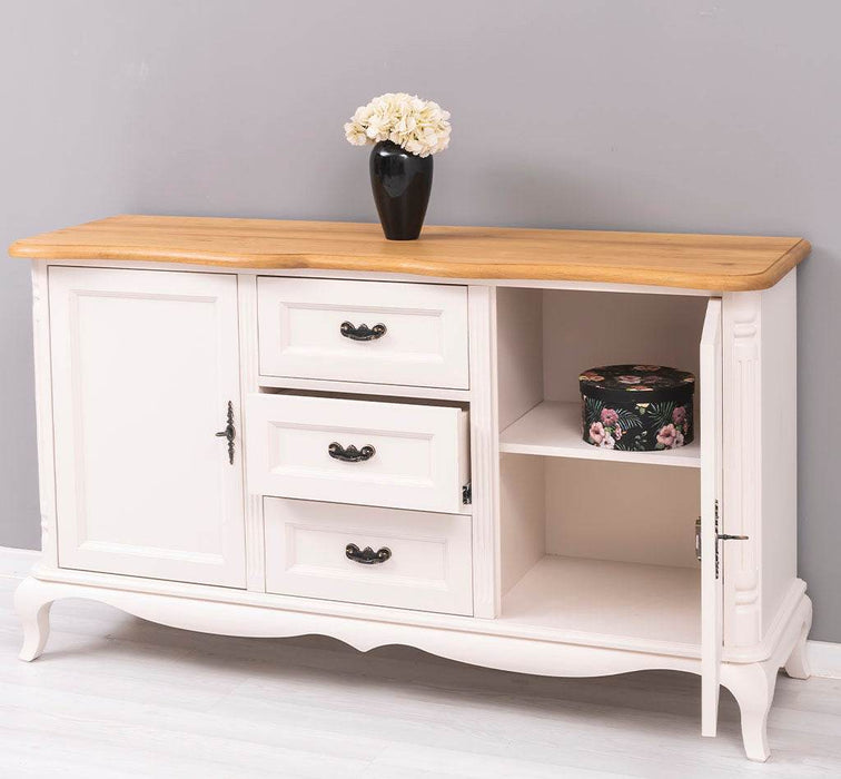 Vintage Sideboard aus Massivholz mit 2 Türen und 3 Schubladen | Kommode mit geschwungenen Füßen | Barock - Eiche - Creme