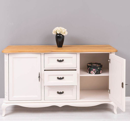 Vintage Sideboard aus Massivholz mit 2 Türen und 3 Schubladen | Kommode mit geschwungenen Füßen | Barock - Eiche - Creme