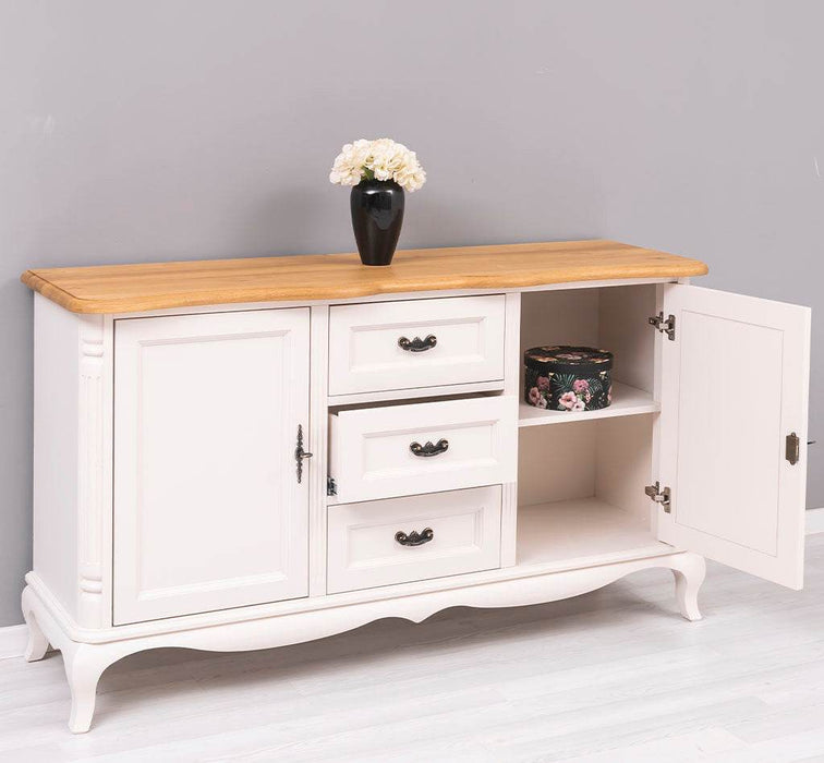 Vintage Sideboard aus Massivholz mit 2 Türen und 3 Schubladen | Kommode mit geschwungenen Füßen | Barock - Eiche - Creme