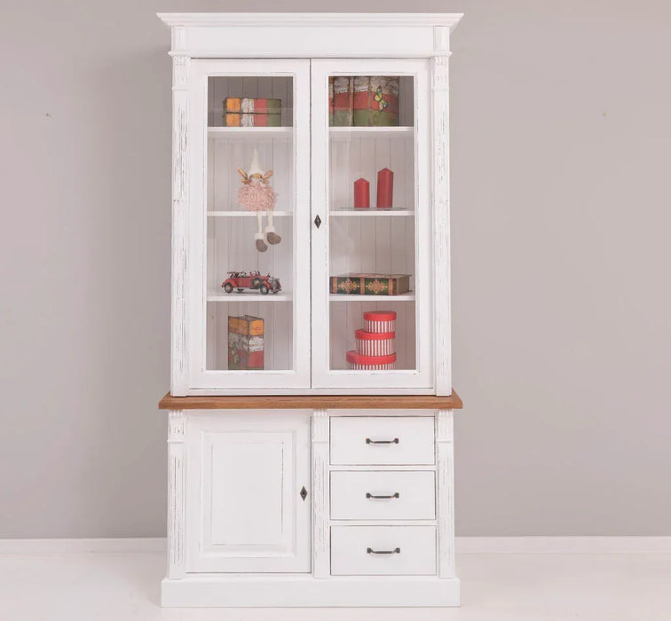 Vintage Vitrine aus Massivholz mit Ornamenten - Deckplatte Eiche