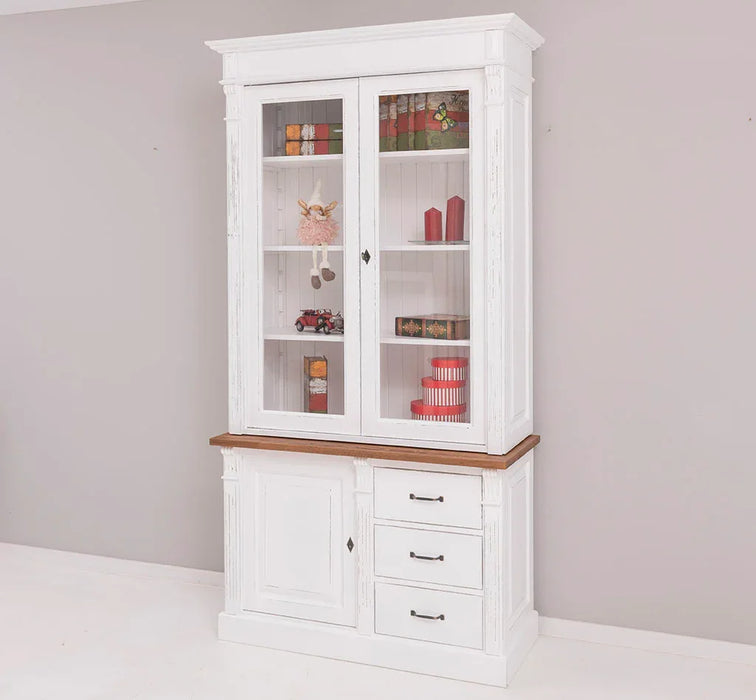 Vintage Vitrine aus Massivholz mit Ornamenten - Deckplatte Eiche